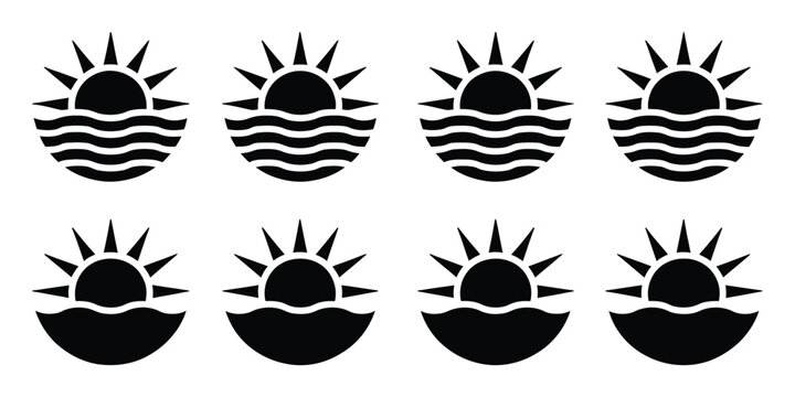 Sun and wave vector icon collection, abstract sunset symbols, sea and ocean landscape graphics, summer beach horizon elements, tropical nature emblems modern flat vector illustration design for travel