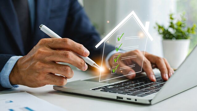 Businessman using laptop with digital house approval and real estate concept