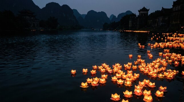 Lanterns on the Water: A breathtaking vista unfolds as countless illuminated lotus lanterns drift serenely on a dark, tranquil river at dusk.