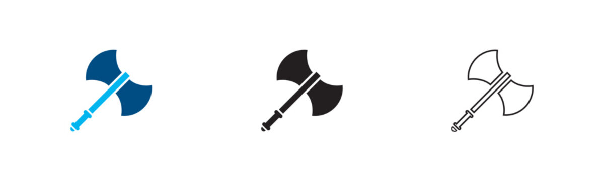 Battle axe icon set. Double sided hatchet. medieval weapon warrior work concepts. executioner steel blade icons. viking combat cutting indicators.