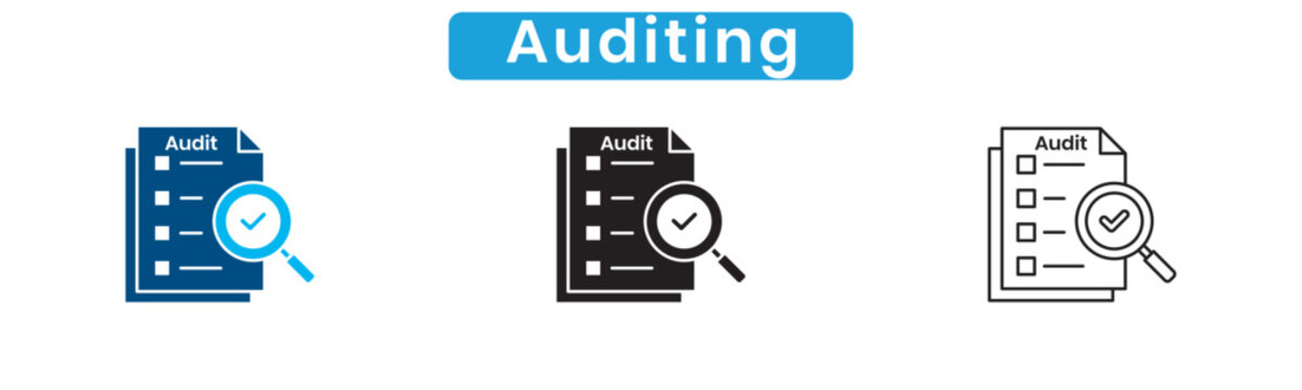 Audit icon set. Business document review. financial auditing concepts. verified checklist and tax report icons. magnifying glass inspection indicators.