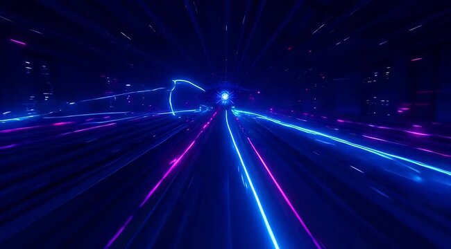 hyperspace travel through a tunnel of neon blue and purple light beams, fast motion warp speed effect, cosmic energy, science fiction journey background
