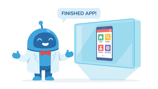 Friendly robot scientist proudly presents a finished mobile application on a futuristic display screen.
