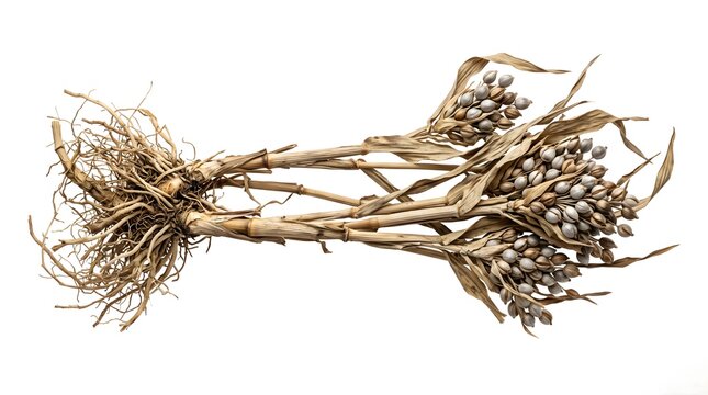 Hyper Realistic Whole Dried Job's Tears Coix Lacryma-Jobi Medicinal Plant with Roots and Mature Seed Clusters Isolated on White