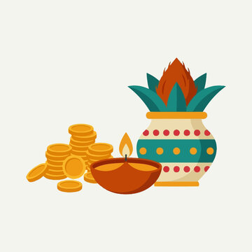 A traditional Hindu festival illustration with a kalash, diya and gold coins