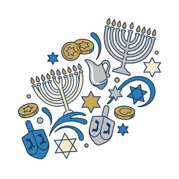 Hand drawn Hanukkah symbols including menorah and dreidel on white background
