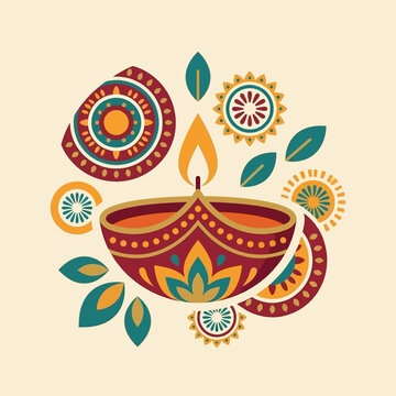 A colorful vector illustration of a traditional Indian Diwali diya lamp