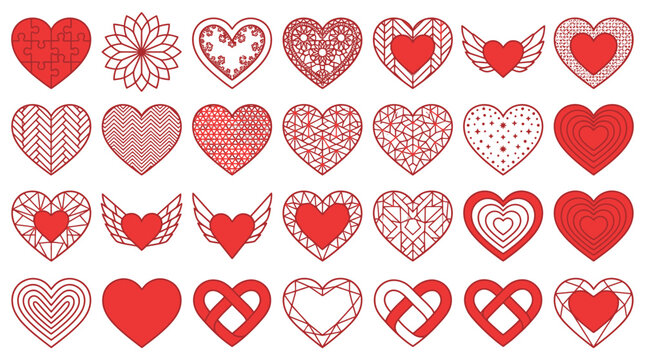 Ensemble de trente ic&ocirc;nes de c&oelig;urs rouges vari&eacute;s avec des motifs g&eacute;om&eacute;triques, floraux et d&eacute;coratifs pour la Saint-Valentin, le mariage et les projets de design romantique.