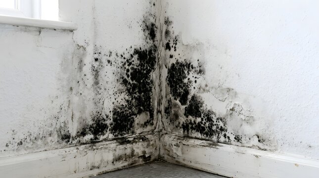 Black mold growth on interior house wall damp damage