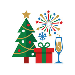 Naklejka premium Flat vector illustration of Christmas tree, gift box, champagne glass and fireworks