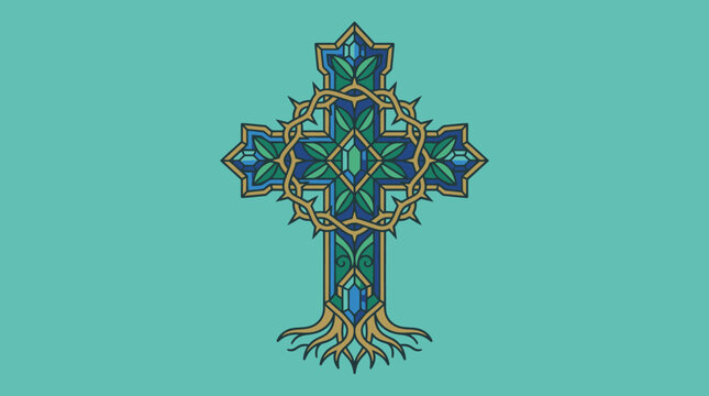 Illustration vectorielle d'une croix chr&eacute;tienne orn&eacute;e de feuilles vertes et d'une couronne d'&eacute;pines, symbole religieux stylis&eacute; sur un fond bleu sarcelle uni pour le design graphique.