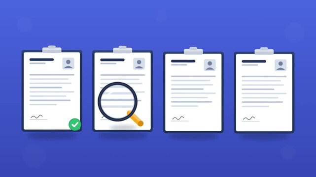 Document review process with magnifying glass scanning resumes for approval and rejection