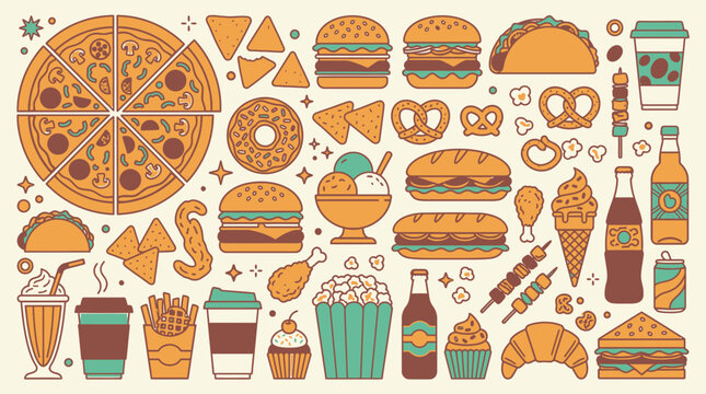 Ensemble d'ic&ocirc;nes de restauration rapide et de nourriture de rue avec pizza, hamburgers, tacos, frites, boissons et desserts dans un style graphique lin&eacute;aire moderne et color&eacute;