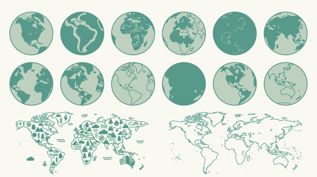 Conjunto de &iacute;cones vetoriais com globos terrestres em diferentes &acirc;ngulos e mapas mundi estilizados em tons de verde sobre fundo claro, ideal para design gr&aacute;fico e infogr&aacute;ficos.