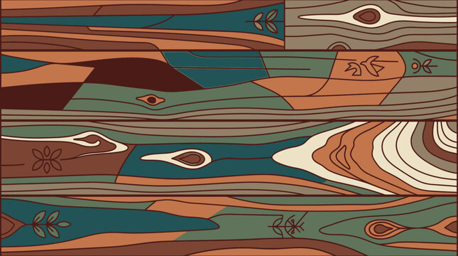 Motif d&eacute;coratif abstrait compos&eacute; de planches de bois stylis&eacute;es avec des textures organiques, des lignes fluides et des accents floraux dans une palette de tons terreux et bleu sarcelle.