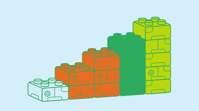 Gr&aacute;fico de barras ascendente feito de blocos de montar coloridos de pl&aacute;stico sobre um fundo azul claro, representando crescimento, progresso e constru&ccedil;&atilde;o de conceitos.