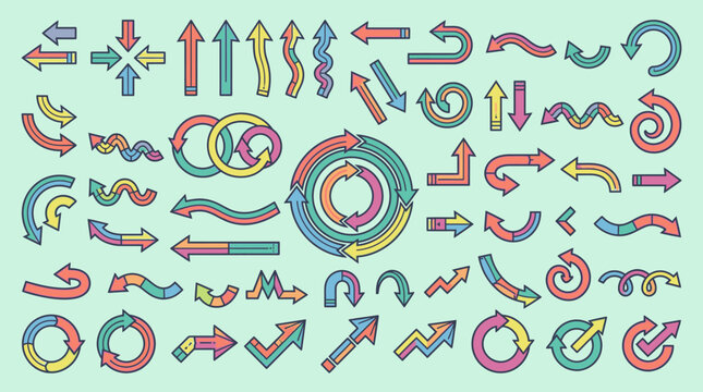 Conjunto abrangente de setas coloridas desenhadas &agrave; m&atilde;o em estilo doodle, apresentando v&aacute;rias dire&ccedil;&otilde;es, formas curvas, espirais e padr&otilde;es de fluxo para design gr&aacute;fico e infogr&aacute;ficos.