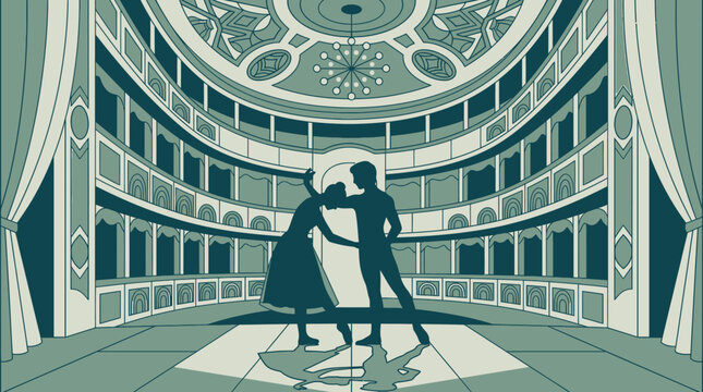Ilustra&ccedil;&atilde;o vetorial de um casal de bailarinos em silhueta dan&ccedil;ando no palco de um teatro cl&aacute;ssico com arquitetura ornamentada e cortinas laterais em tons de verde.
