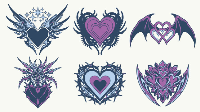 Ensemble de six illustrations vectorielles de c&oelig;urs stylis&eacute;s avec des motifs gothiques, des ailes d'ange et de d&eacute;mon, des &eacute;pines et des ornements complexes dans des tons violets et bleus.