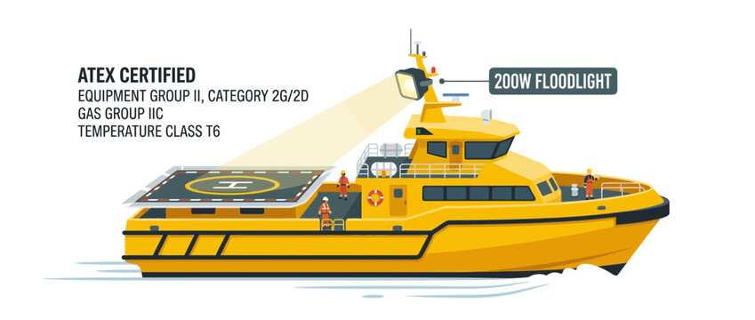 Yellow ATEX Certified Offshore Support Vessel with Helideck and Floodlight