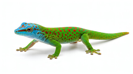 Fototapeta premium Ornate day gecko showing vibrant green and blue skin on white
