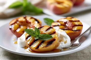 Fototapeta premium Grilled Peaches with Honey Drizzle and Mascarpone Dessert