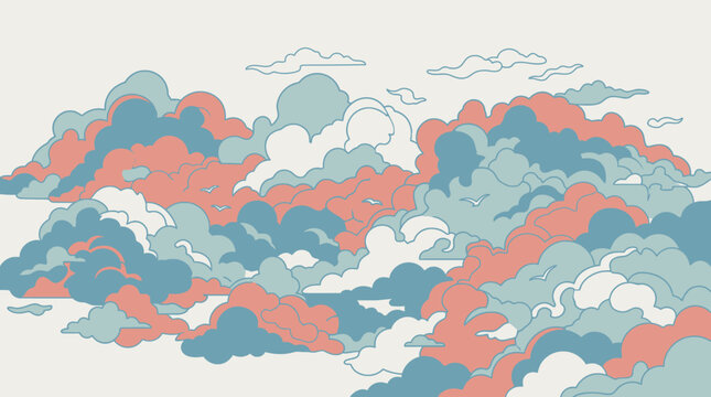 Eine &auml;sthetische, flache Vektorillustration von stilisierten Wolken in einer harmonischen Farbpalette aus sanftem Blau, Korallenrot und Creme auf einem hellen Hintergrund.