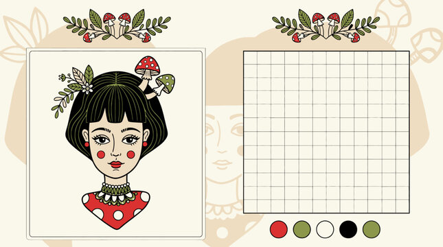 Illustration vectorielle d'une jeune femme avec des champignons dans les cheveux, accompagn&eacute;e d'une grille de dessin et d'une palette de couleurs pour un exercice de coloriage cr&eacute;atif.