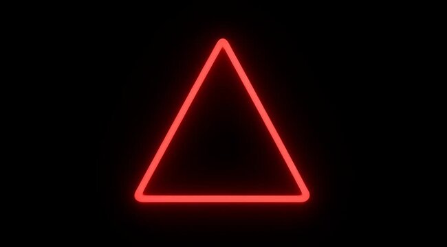 Isolated glowing red triangle neon outline on black background, pulsing hazard symbol for alert notification, warning sign, digital interface element