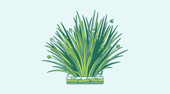 Ilustraci&oacute;n vectorial plana de una planta de c&eacute;sped verde con ra&iacute;ces visibles en un peque&ntilde;o contenedor cuadrado sobre un fondo azul claro, estilo minimalista y decorativo.