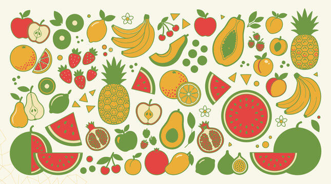 Patr&oacute;n sin costuras de frutas tropicales y frescas con dise&ntilde;o plano y colorido que incluye pi&ntilde;as, sand&iacute;as, pl&aacute;tanos y manzanas sobre un fondo claro, ideal para dise&ntilde;o gr&aacute;fico y textiles.