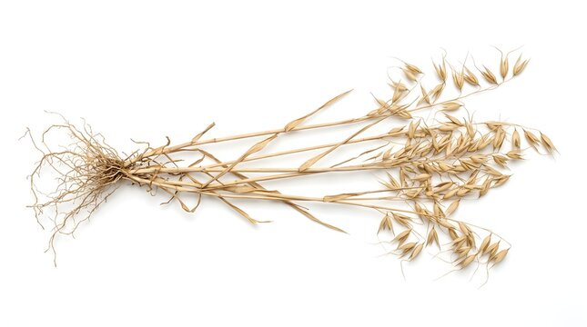 Premium Whole Dried Wild Oat Avena Fatua Medicinal Grass with Intact Roots and Mature Seed Heads Isolated on White Background
