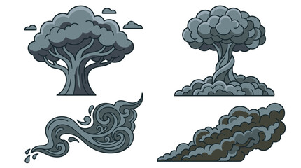 Obraz premium Ensemble d'illustrations vectorielles de nuages de fumée stylisés, de panaches de pollution et de formes de vapeur abstraites sur un fond blanc isolé pour des projets de design graphique.