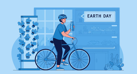 Fototapeta premium Person riding bicycle on Earth Day with plants.