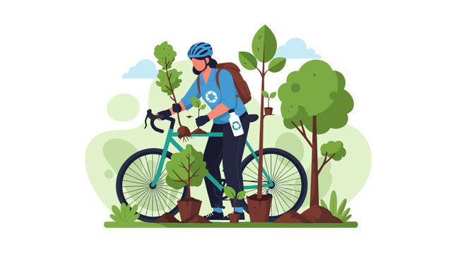 Person planting trees with bicycle and backpack outdoors.