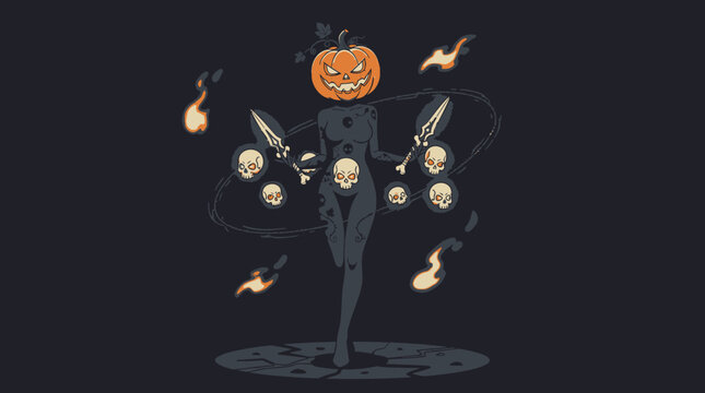 Illustration vectorielle d'une silhouette f&eacute;minine myst&eacute;rieuse avec une t&ecirc;te de citrouille d'Halloween, tenant des poignards entour&eacute;e de cr&acirc;nes flottants et de flammes magiques sur fond sombre.