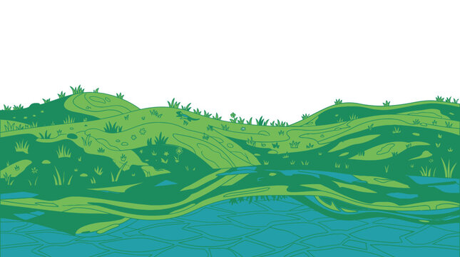 Ilustra&ccedil;&atilde;o vetorial de uma paisagem natural estilizada com colinas verdes onduladas, grama e uma base de terreno texturizado em tons de azul, isolada em um fundo branco limpo.