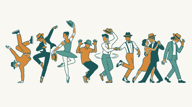 Ilustraci&oacute;n vectorial de un grupo diverso de personas bailando diferentes estilos de danza con sombreros y ropa elegante sobre un fondo claro, capturando energ&iacute;a y movimiento din&aacute;mico.