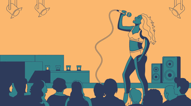 Illustration vectorielle d'une chanteuse sur sc&egrave;ne se produisant devant un public enthousiaste lors d'un concert de musique live avec des projecteurs et des haut-parleurs