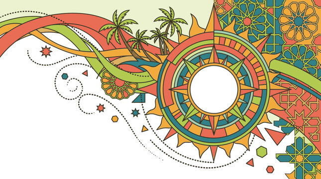 Illustration vectorielle d&eacute;corative avec une boussole stylis&eacute;e, des palmiers et des motifs g&eacute;om&eacute;triques color&eacute;s dans un style r&eacute;tro pour des projets de voyage et d'aventure