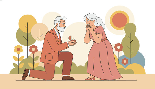 Senior man gets down on one knee to propose with a ring to his surprised and happy partner during a romantic stroll through a colorful autumn park.