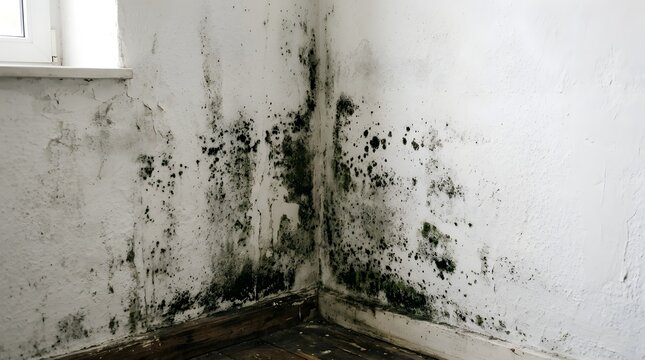 Severe black mold on white wall in room corner