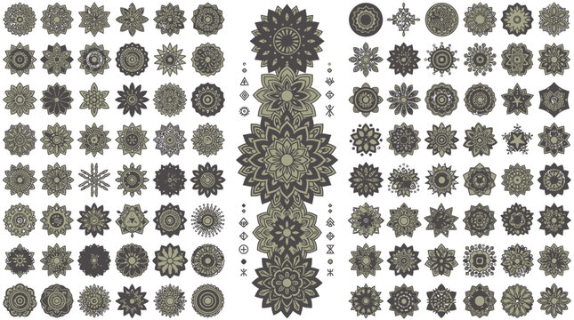 Cole&ccedil;&atilde;o abrangente de mandalas ornamentais detalhadas em tons de cinza, apresentando padr&otilde;es geom&eacute;tricos intrincados e designs florais sim&eacute;tricos isolados em um fundo branco limpo.