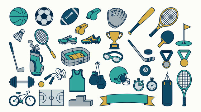 Conjunto de iconos de equipos deportivos y accesorios de entrenamiento en estilo plano con pelotas, raquetas, trofeos y elementos de fitness sobre un fondo blanco aislado para dise&ntilde;o gr&aacute;fico