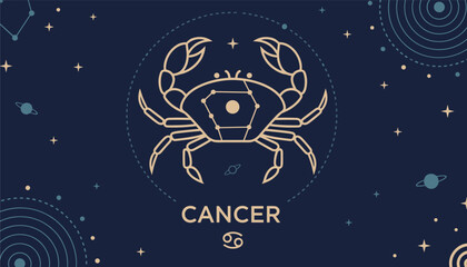 Fototapeta premium Astrology chart illustration features the Cancer zodiac sign represented by a stylized crab set against a dark blue background with stars.