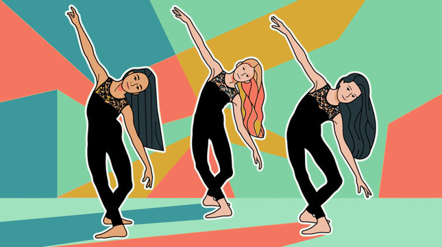 Ilustraci&oacute;n vectorial de tres bailarinas j&oacute;venes con leotardos negros realizando movimientos de danza contempor&aacute;nea frente a un fondo geom&eacute;trico colorido y din&aacute;mico