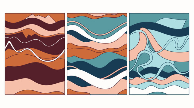 Conjunto de tr&ecirc;s ilustra&ccedil;&otilde;es vetoriais com padr&otilde;es abstratos de formas org&acirc;nicas onduladas em tons terrosos quentes e paletas de cores azuladas frias para design moderno.