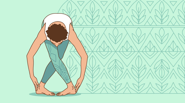 Ilustra&ccedil;&atilde;o vetorial de uma pessoa praticando ioga em uma postura de alongamento com pernas cruzadas e m&atilde;os no ch&atilde;o, sobre um fundo verde decorado com padr&otilde;es geom&eacute;tricos de folhas.