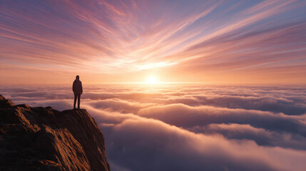Fototapeta premium A lone figure stands on the edge of a cliff, silhouetted against a breathtaking sunset sky filled with vibrant clouds above a sea of mist