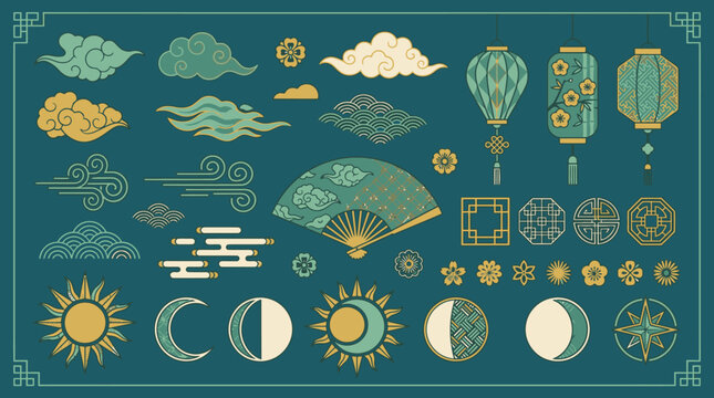 Set von asiatischen Designelementen mit traditionellen chinesischen Laternen, F&auml;chern, stilisierten Wolken, Mondphasen und dekorativen Ornamenten auf einem dunklen blaugr&uuml;nen Hintergrund.